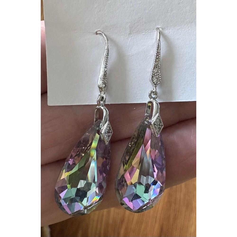 925 Sterling Silver faceted Teardrop Austrian Crystal Iridescent Earrings